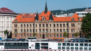 The Stredna Priemyselna Skola Strojnicka building on the banks of the Danube in Bratislava, the capital of Slovakia.