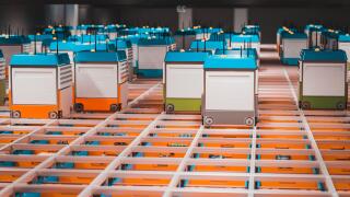 interior of a warehouse with automated logistics. 3d render.