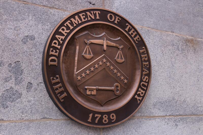 Seal on the wall of The Department of the Treasury for the United States of America
