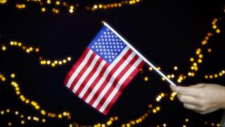 USA flag, red white and blue with sparkling yellow bokeh background, Copy space, space for text. colorful design American concept