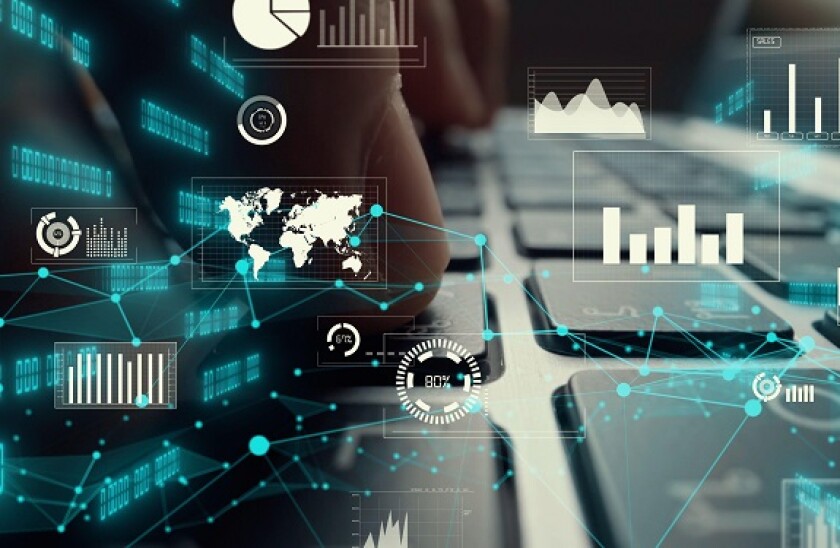 Creative visual of business big data and finance analysis on computer showing concept of statistical investment decision making methodology, fintech