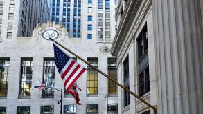 Chicago, USA - August 2022:  Financial district of the Loop, with Board of Trade Building and the Federal Reserve Bank of Chicago