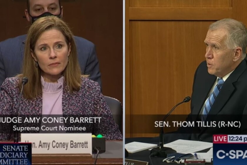 Senator Thom Tillis questioning Amy Coney Barrett on IP law on the third day of her confirmation hearing (October 14) to the Supreme Court 