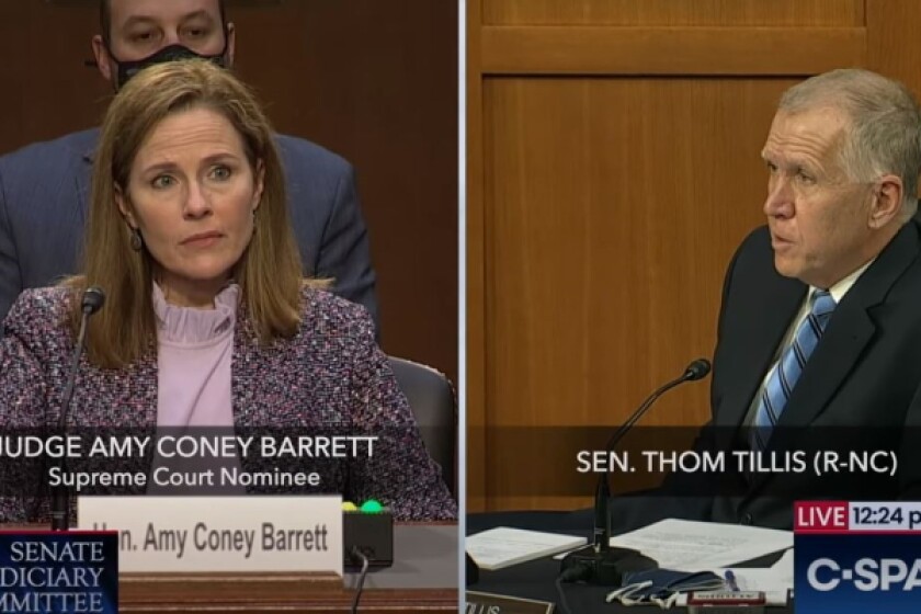 Senator Thom Tillis questioning Amy Coney Barrett on IP law on the third day of her confirmation hearing (October 14) to the Supreme Court 