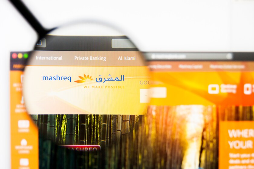 Los Angeles, California, USA - 5 April 2019: Illustrative Editorial of Mashreq Bank website homepage. Mashreq Bank logo visible on display screen.
