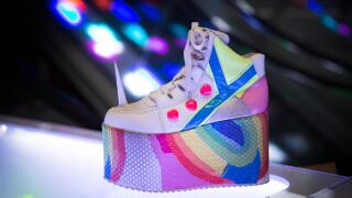 Camden Market unicorn disco platform shoes in Cyberdog, London, England, UK.