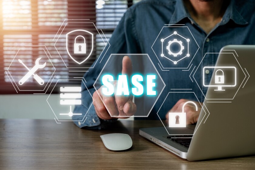 SASE, Secure Access Service Edge concept, Person hand touching S