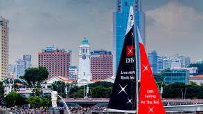 Sailing At The Bay, A DBS Sailboat Sails In Front Of The Merlion Park Area, Singapore, South East Asia