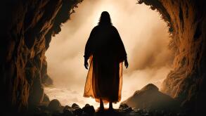 Jesus Rising from The Dead - Sihouetted Figure Leaving Cave Tomb - Generative AI.
