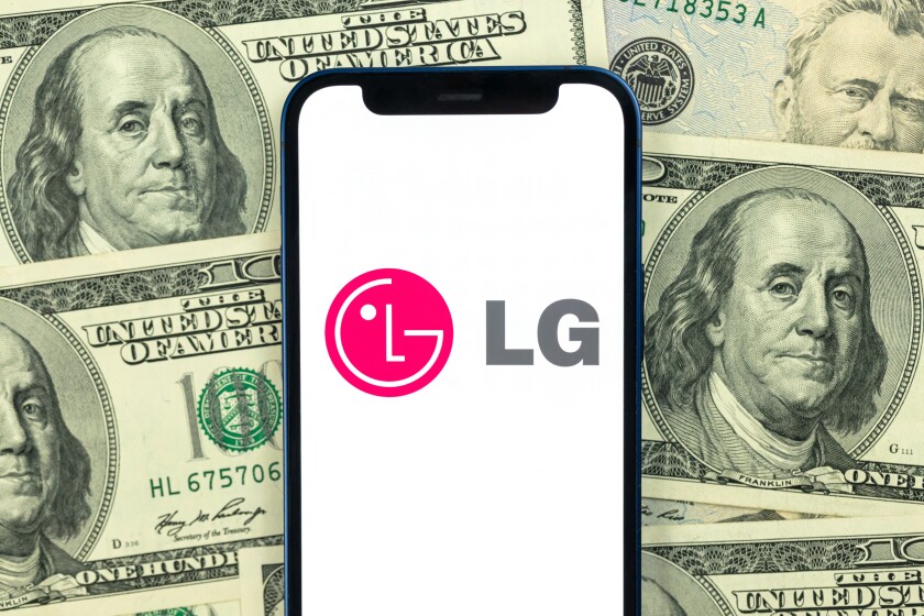  LG logo. Dollar bills background south korea-adobe-2022