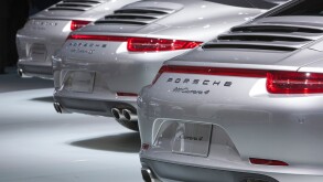 Detroit, Michigan - Several models of the Porsche Carrera on display at the North American International Auto Show.