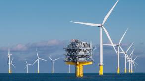 Some of the 175 turbines and one of the two offshore substations on the London Array Offshore Wind Farm, which was the world's largest offshore wind farm until 2017