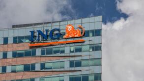 Amsterdam, Netherlands. June 27, 2015. Logo of ING bank at De Entree building