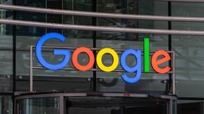 Google logo sign of the American information technology company. Internet business and big employer. Data and AI services and software.