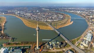 Aerial view, parliament with TV tower at the Rhine, Dusseldorf, North Rhine-Westphalia, Germany