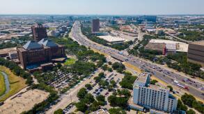 Dallas, TX, USA - July 28, 2023: Aerial photo Hilton Anatole near the Interstate 35 Dallas Texas