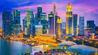 Singapore city skyline at twilight.