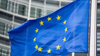 EU flag close up in front of Berlaymont building