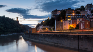 Bristol City skyline showing the river Avon flowing underneath the Clifton Suspension Bridge