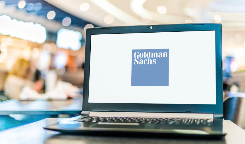 POZNAN, POL - FEB 6, 2021: Laptop computer displaying logo of The Goldman Sachs Group, an American multinational investment bank and financial service