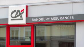 Chaville, France - February 26, 2021: Detail of the facade of a Credit Agricole d'Ile de France branch