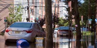Street flooding caused by Hurricane Ida rain in Hoboken, New Jersey, USA.