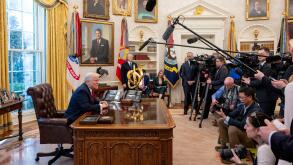 WASHINGTON DC, USA - 26 March 2025 - US President Donald Trump announces trade tariffs on auto imports in the Oval Office of The White House, Washingt