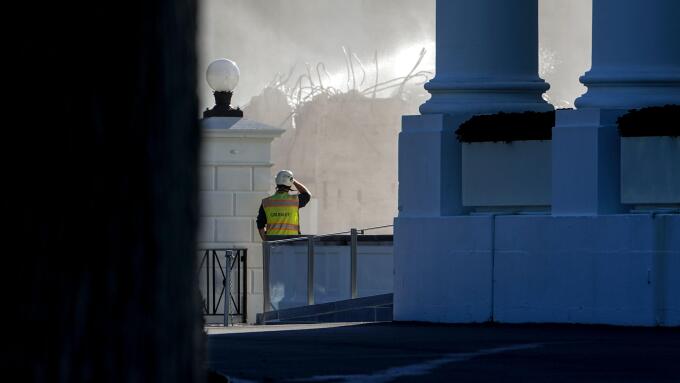 Constructions workers continue demolition of part of the East Wing of the White House for construction of President Trump's ballroom in Washington, DC, USA, 23 October 2025. The 27400-square-meter ballroom expansion of the White House will seat an estimat