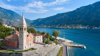 KOTOR, MONTENEGRO - JULY 19, 2021:Aerial view of the Bay of Kotor and St. Matthias church