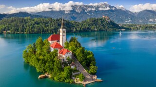Bled, Slovenia - Aerial view of beautiful Lake Bled (Blejsko Jez