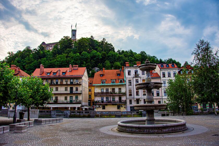 View to the castle and houses in the center of the Ljubljana during wonderfull day