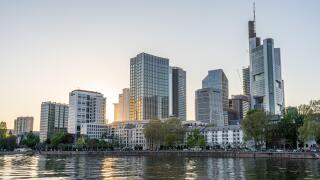 frankfurt skyline at golden hour with sunset, frankfurt, hesse, germany