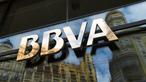 Sign above entrance of Spanish bank BBVA in Valencia city. Spain