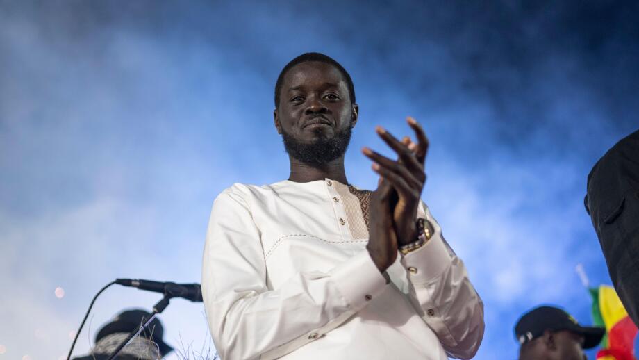 Presidential candidate Bassirou Diomaye Faye attends a final campaign rally ahead of the presidential elections in Mbour, Senegal, Friday, March 22, 2024. (AP Photo/Mosa'ab Elshamy)