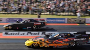 Top methanol funny car drag race at Santa Pod raceway Bedfordshire England UK