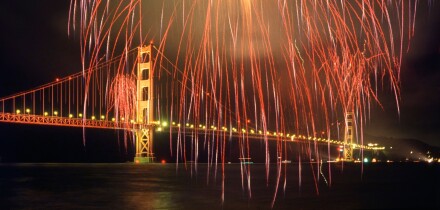 Fireworks and the Golden Gate Bridge during the 50th anniversary celebration of the opening of the bridge.