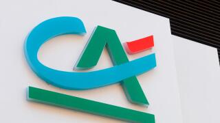 Carrara, Italy - August 4, 2019 - The logo of the French bank Credit Agricole, who recently bought some Italian banks