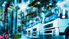 Logistics in modern transportation with warehouse, trucks and forklifts