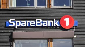Storen, Norway - September 2, 2022: Close-up view of the Sparebank 1 bank office exterior sign.