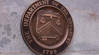 Seal on the wall of The Department of the Treasury for the United States of America