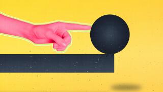 Creative composite collage picture of human arm finger touch pushing ball balancing cliff isolated on yellow drawing background