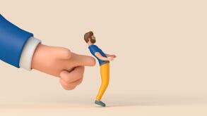 A person being pushed forward by a large hand. Business development concept. 3D Rendering