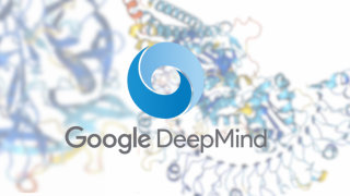 Google DeepMind's logo set atop protein structures uncovered by its AlphaFold2 AI model