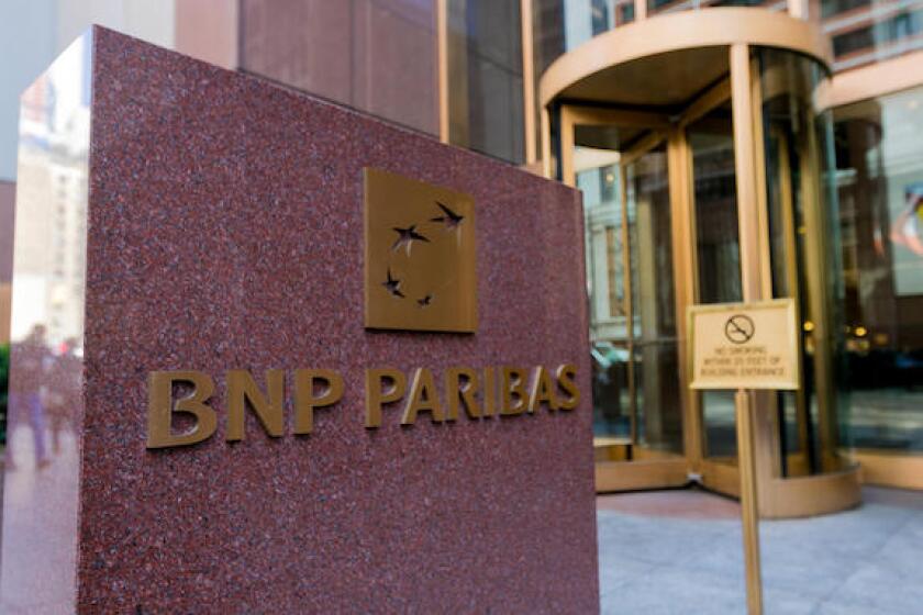 New York, March 15, 2018: Entrance to BNP Paribas office building in midtown Manhattan.
