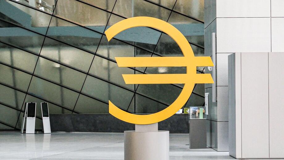 Frankfurt, Germany - July 19, 2022: the Euro sign at the entrance to the new european central Bank building in Frankfurt, Germany.