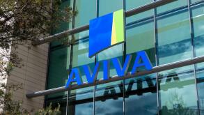 Sign outside the building housing the headquarters of the insurance company Aviva France