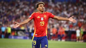 MUNICH, GERMANY - JULY 09: Lamine Yamal of Spain reacts  during the UEFA EURO 2024 semi-final match between Spain v France at Munich Football Arena on July 09, 2024 in Munich, Germany. © diebilderwelt / Alamy Stock