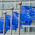 EU flags in front of European Commission in Brussels