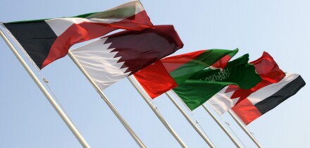 QAT, Qatar: the national flags of the 6 GCC member states.