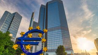 Frankfurt, Germany - July 9, 2017: sunrise city skyline at European Central Bank (ECB) and Euro Sign